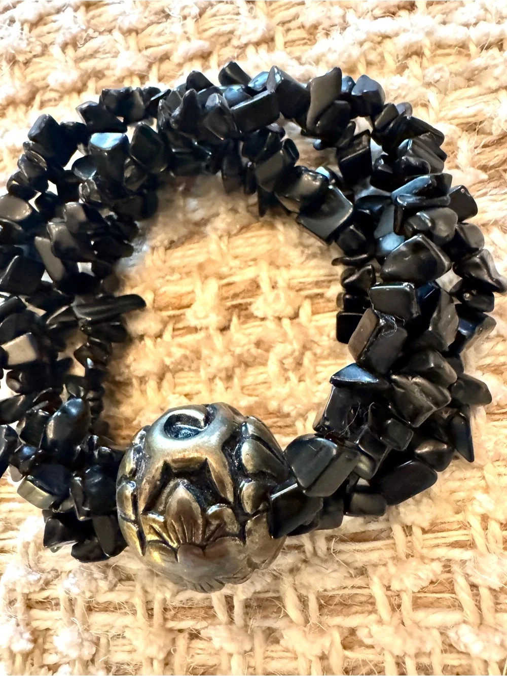 Vintage Black Onyx Chip Bracelet Engraved Floral Metal Bead Whimsy goth Chunky